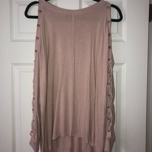 Blush pink cold shoulder sweater